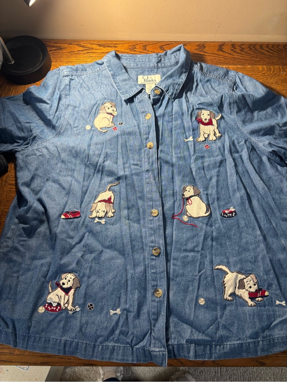 CJ Banks Light Blue Denim Embroidered Button-Front Shirt
